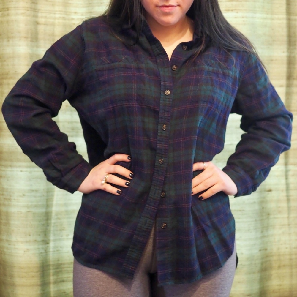 Blue/green, asymmetrical flannel shirt.
